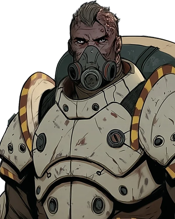 Korvin Dahla in pale scarred powered armour with hazard stripes, a respirator over his face