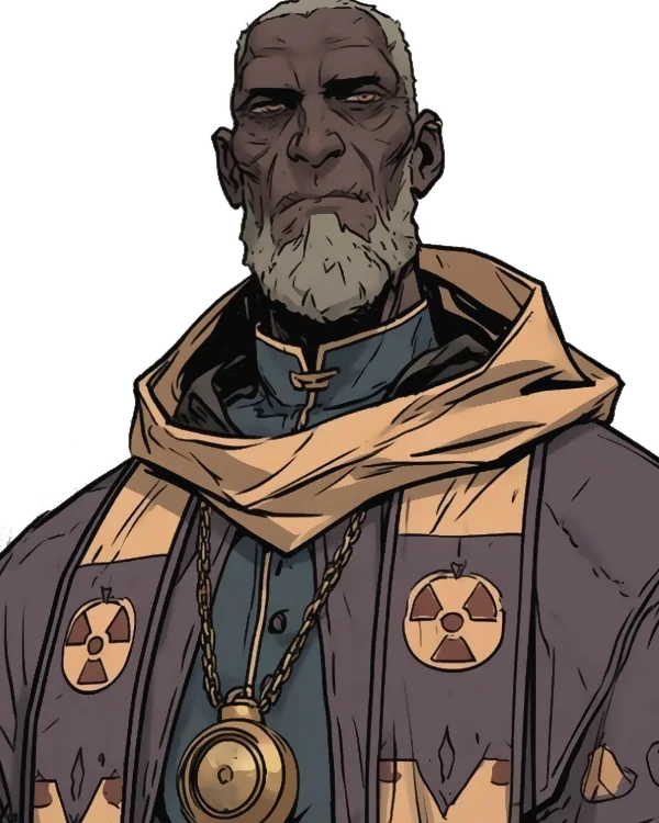 Octavius Delane, an old man in purple and gold robes marked with atomic signs, a brass pendant at his chest