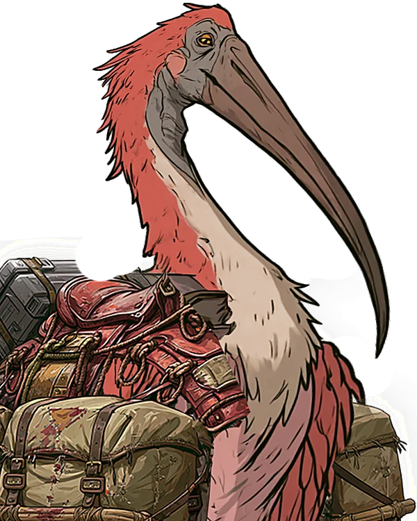 Polly, a giant ibis with red plumage and a long curved beak, a saddle and cargo packs at her side