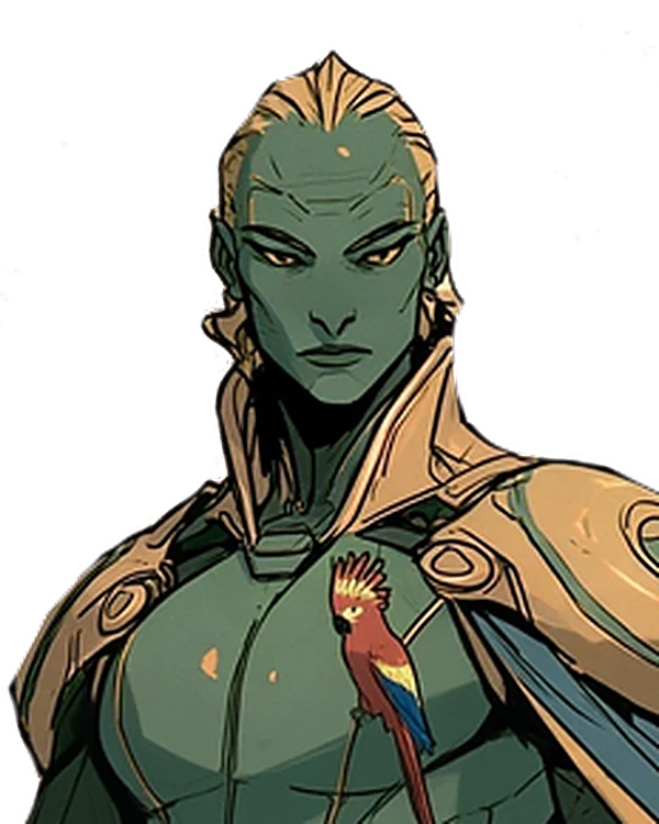 Viktoriya Goravya in green and gold armour and a blue cloak, a crimson cockatoo at her shoulder