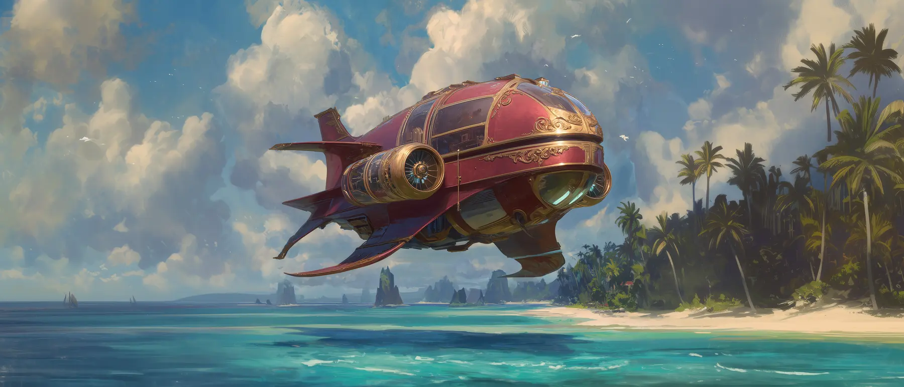 A red trading airship over a tropical shore